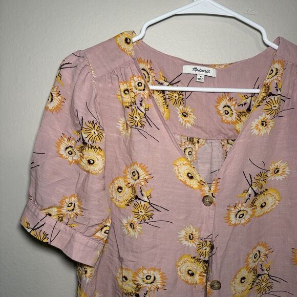 Madewell Plaza Dandelion Button Front Top Floral Blouse Linen Blend Pink Women M - Picture 4 of 6
